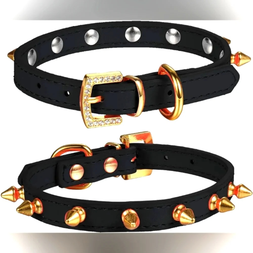 Lovpe One Row Golden Spiked Studded Leather Dog Collar/Cat Collar